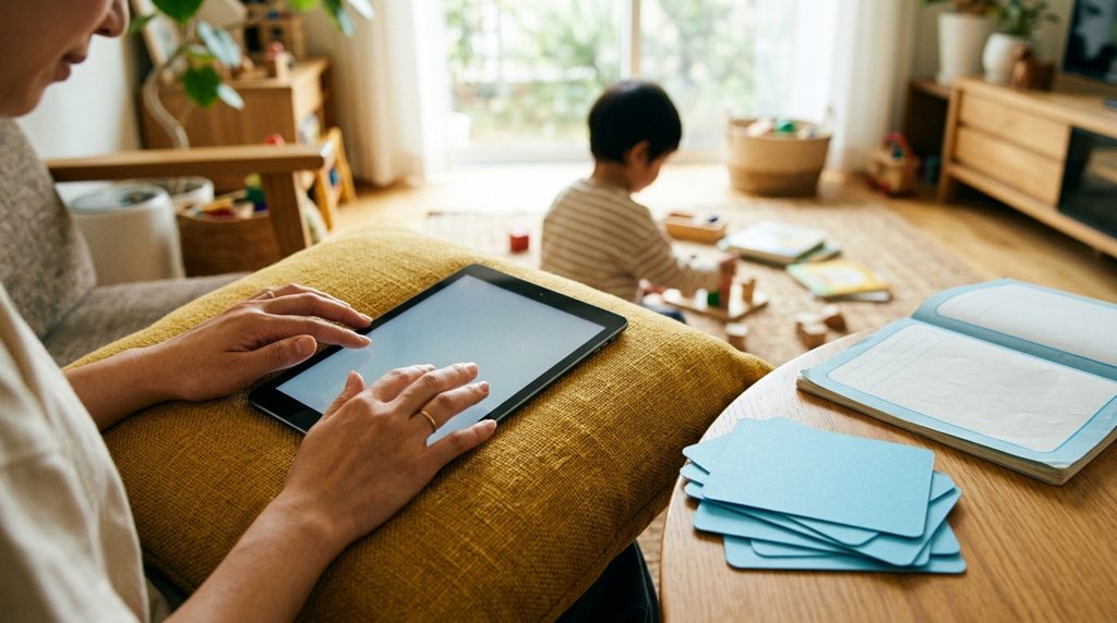 タブレットと知育カードやワークブックを前に考える母親の手元