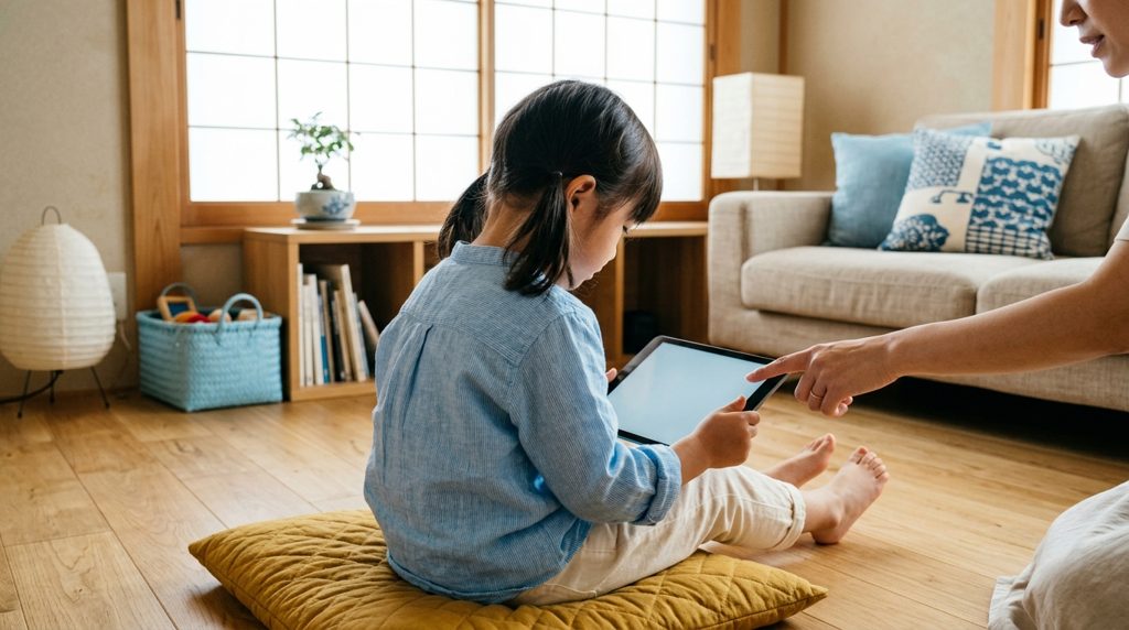 親子がタブレットを見ながら話すリビング