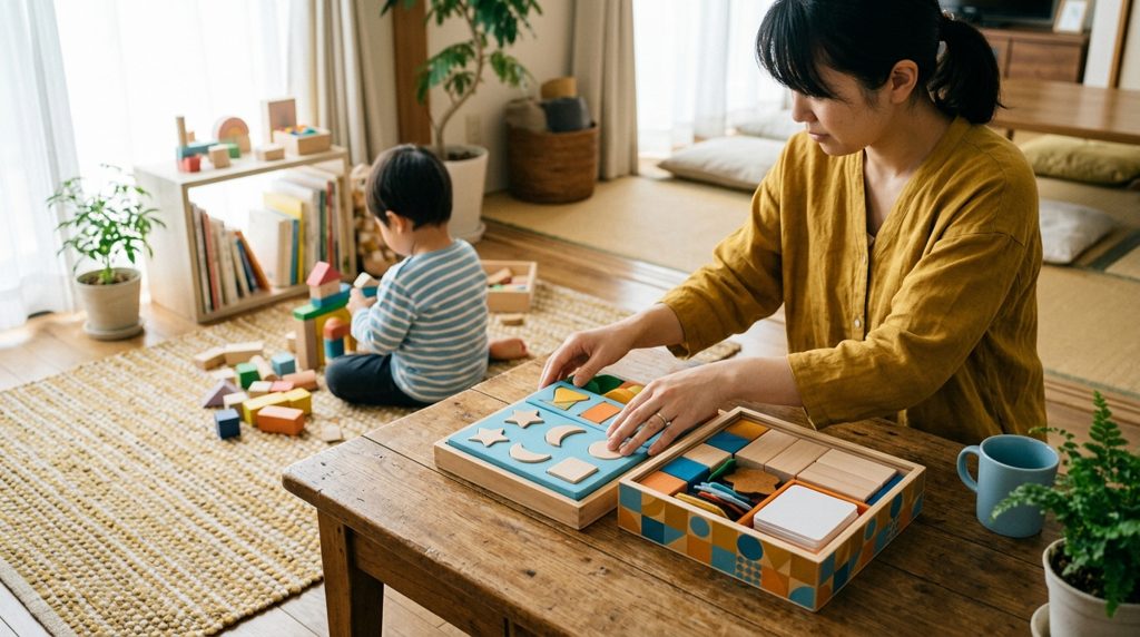 親が机に教材を並べ、子どもが遊んでいる写真