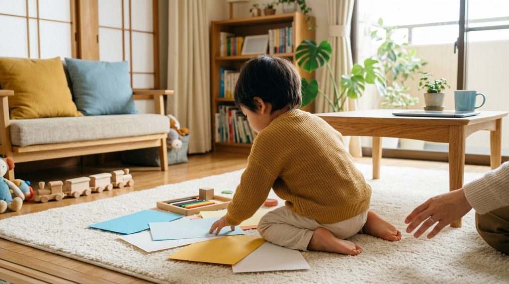 リビングで教材を触る子どもの手元