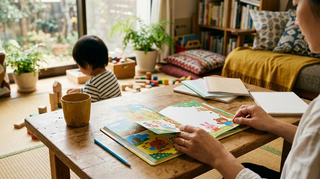 リビングのローテーブルで教材を選ぶ親の手元