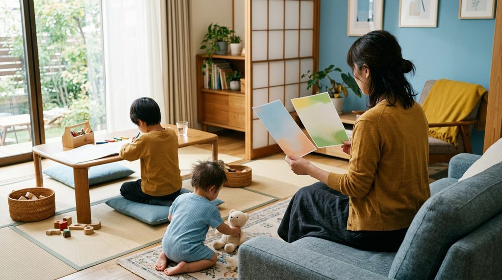 リビングで資料を見る母親と遊ぶ子どもたち