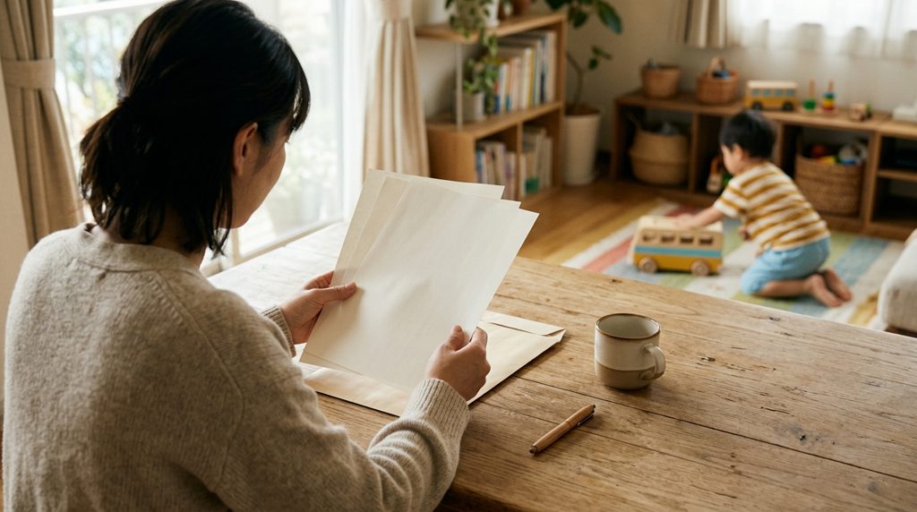 あたたかい日差しが差し込むリビングで書類を確認する親の手元