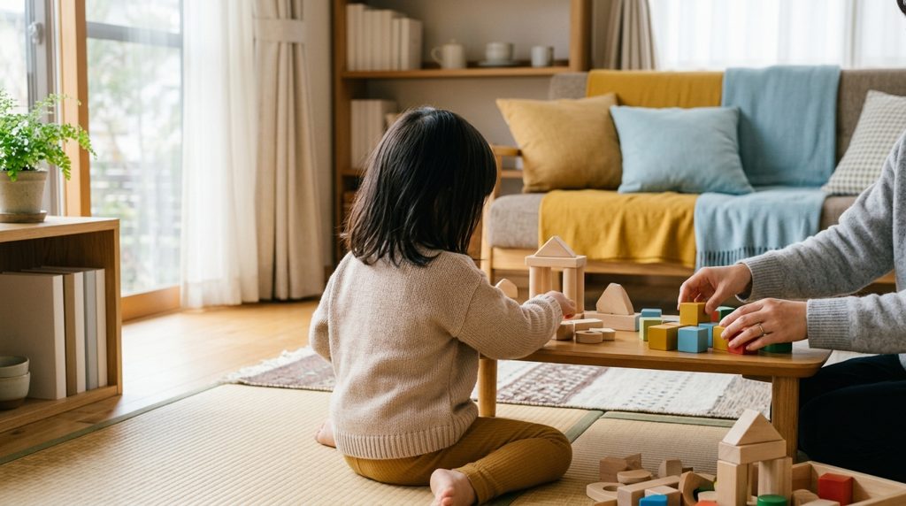 リビングで知育玩具で遊ぶ子どもの後ろ姿と、ブロックを整理する親の手元