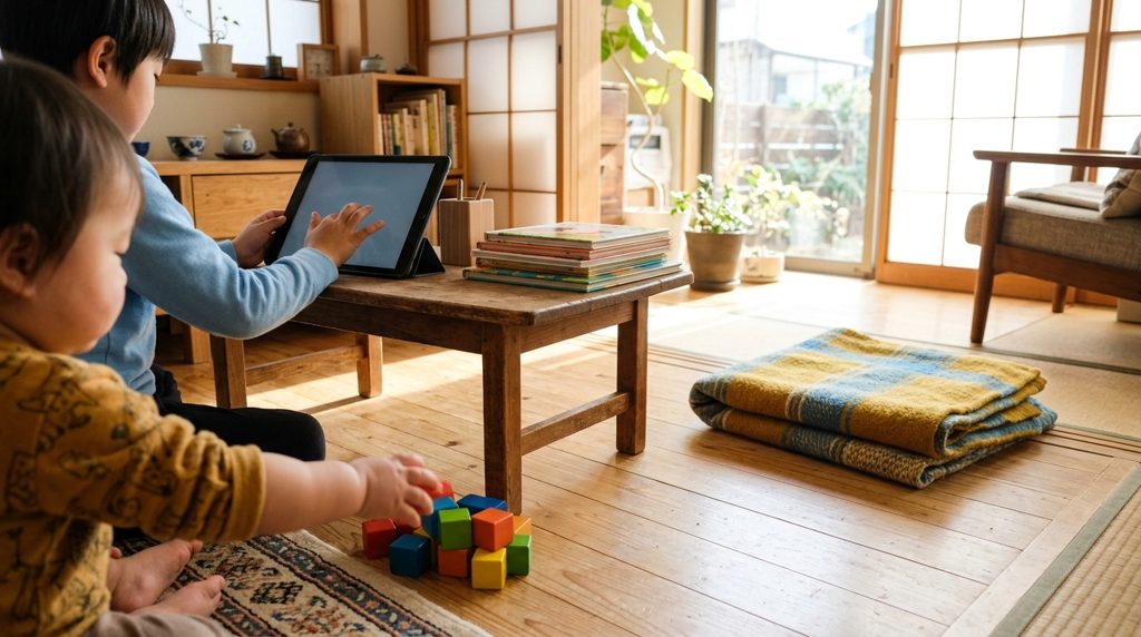 リビングで遊ぶ子どもの手と教材