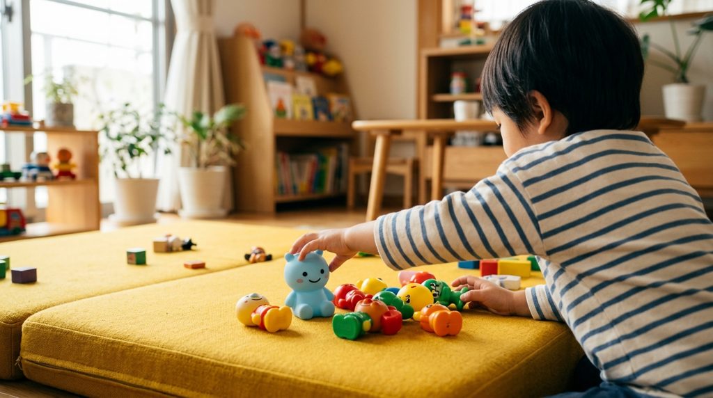 おもちゃで遊ぶ子どもの手元とからし色のマット