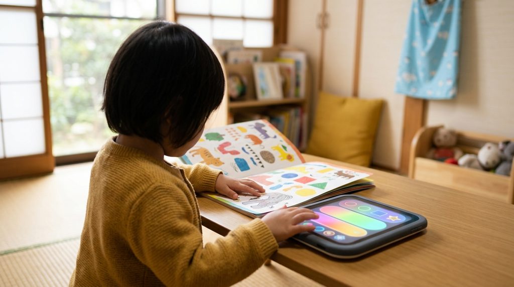 リビングでタブレットとワークに取り組む子の手元