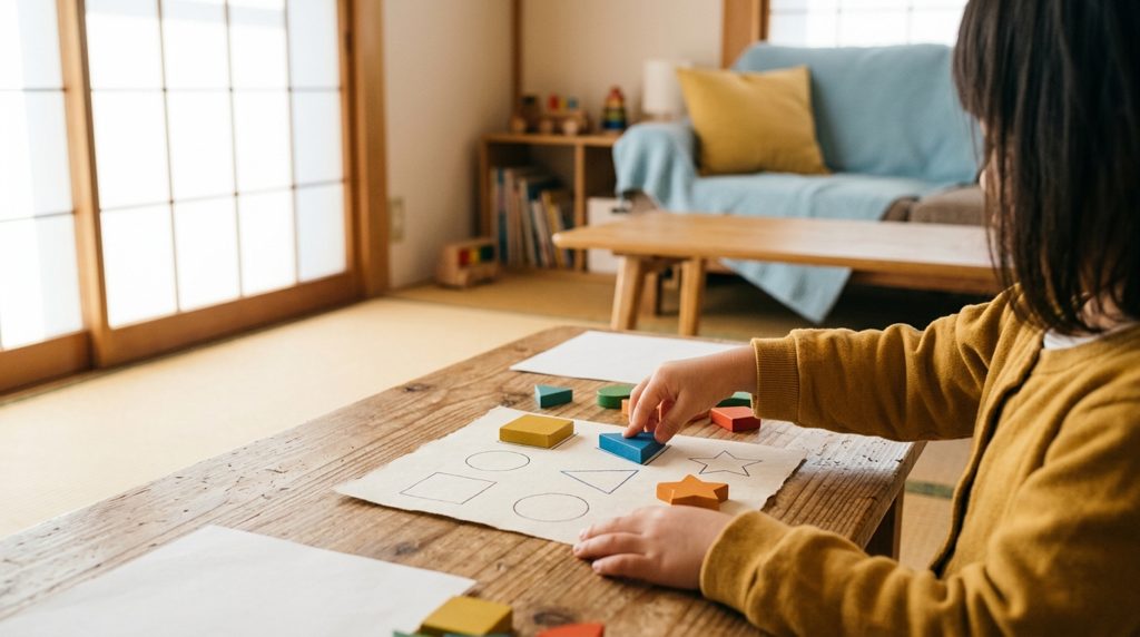子供の手が知育玩具と紙の教材に取り組む様子
