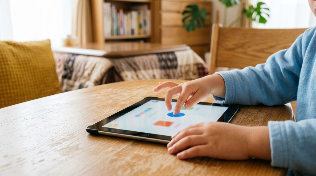 暖かいリビングでタブレット学習をする子供の手元