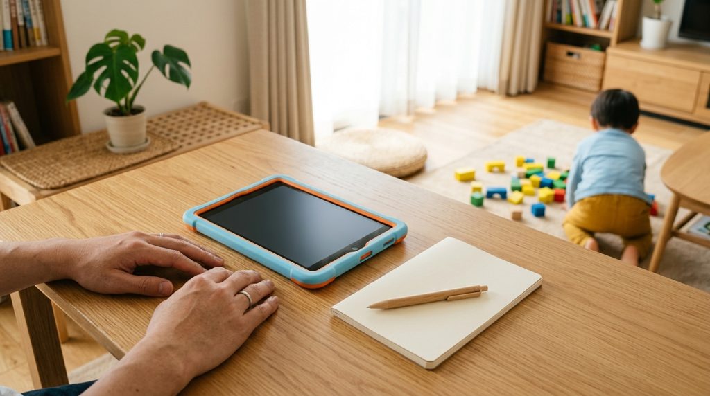 大人の手がタブレットの横にノートとペンを置いている様子