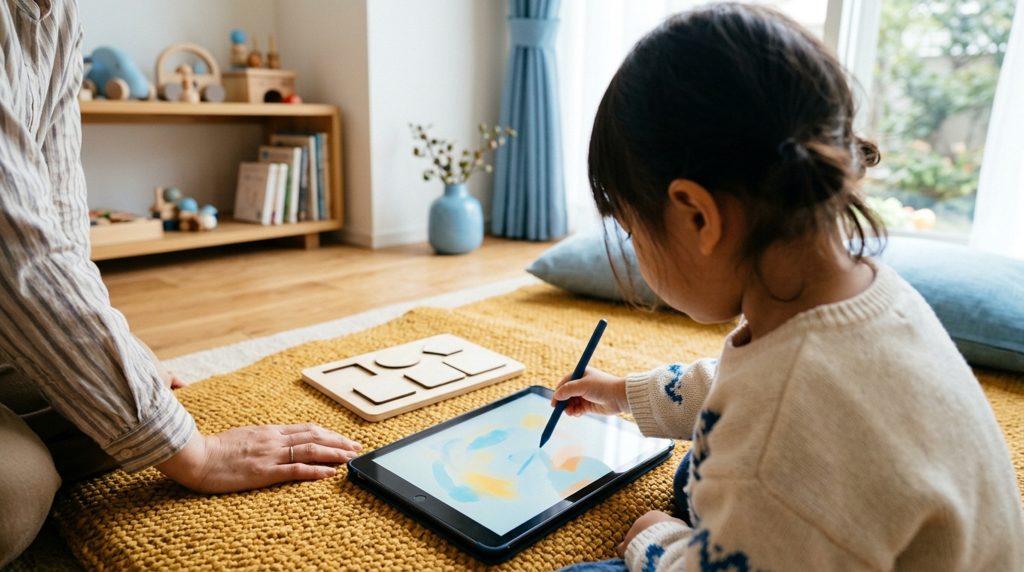 からし色のラグの上でタブレットを使う子どもの手と親