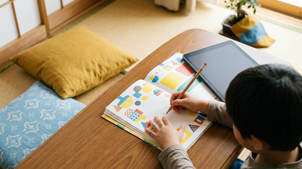 学習机に紙のワークとタブレットが並んでいる様子