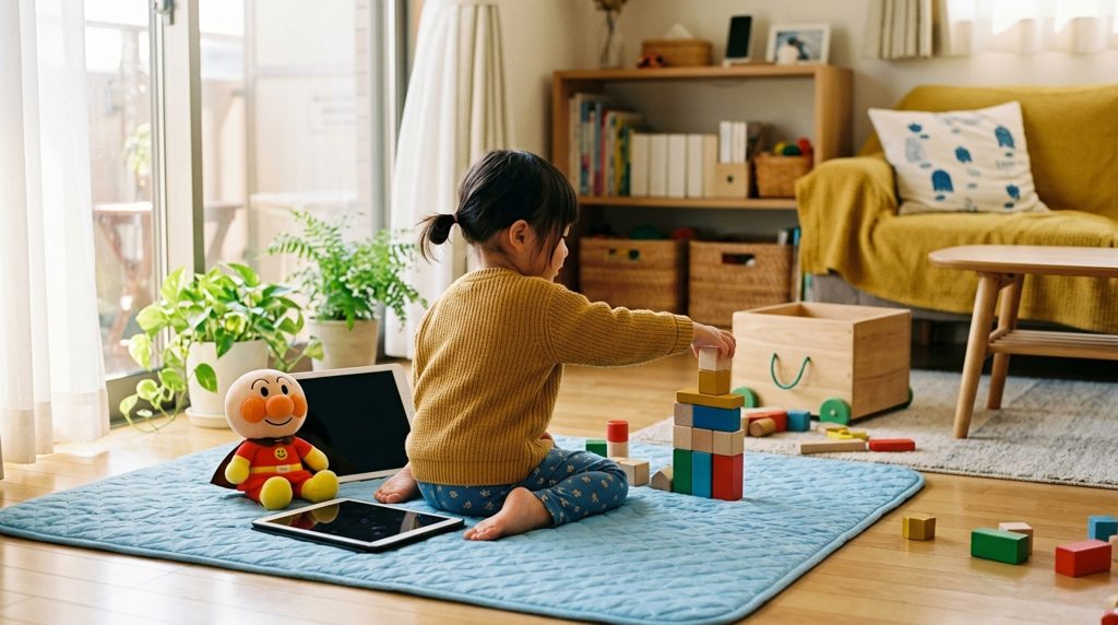 子どもが床でブロック遊び。そばにキャラクターとタブレット。