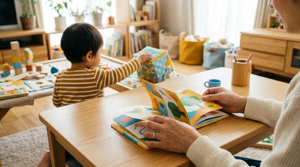 母親の手が机上の学習見本教材を広げている様子