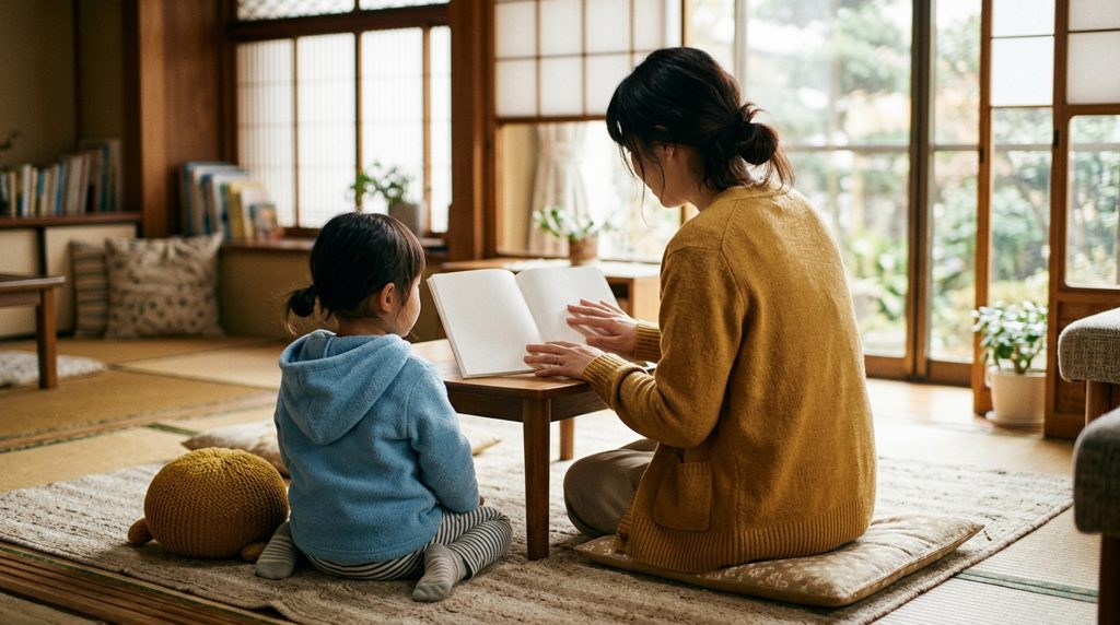 リビングで手帳を見る母親と子ども