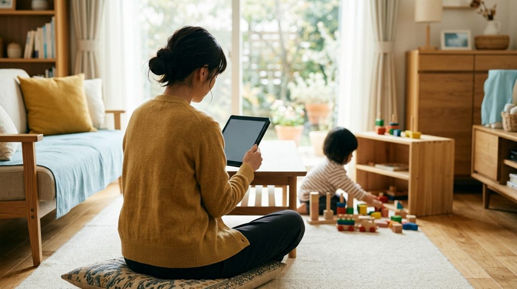 リビングでタブレットを見る親と遊ぶ子どもの手元