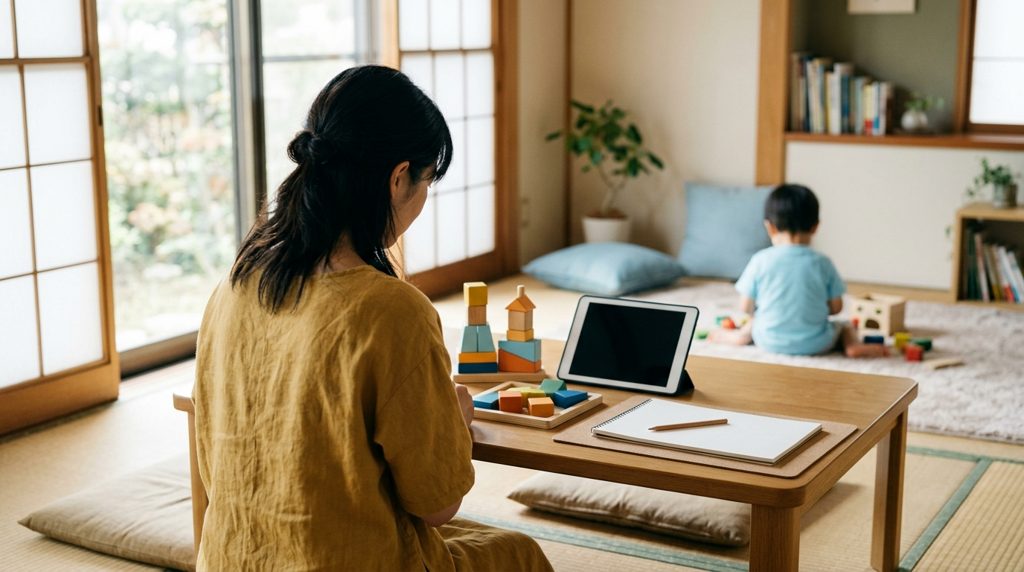 リビングで子どもの教材を検討する親の後ろ姿。