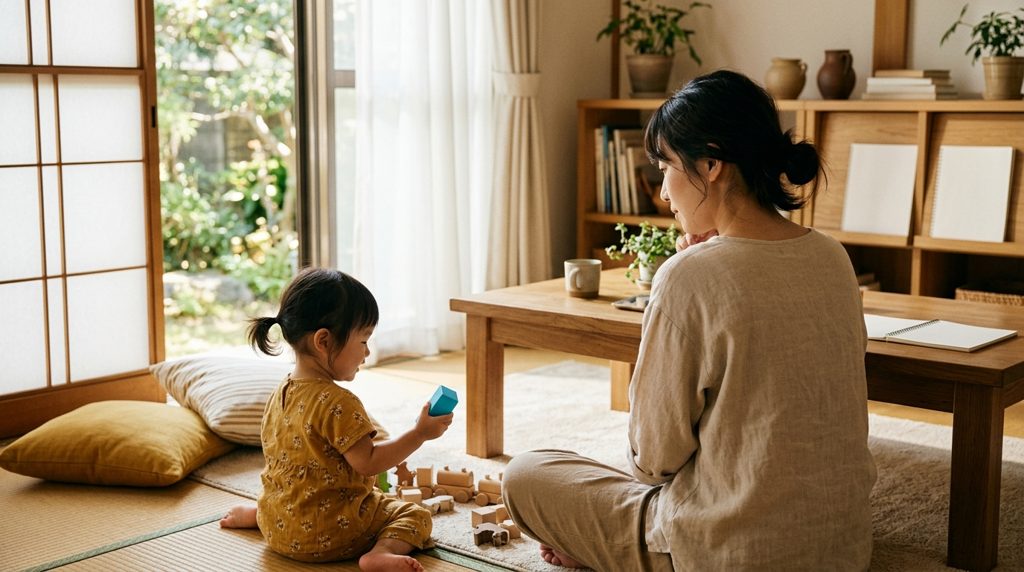 晴れたリビングで床に座り考える母親と遊ぶ子ども