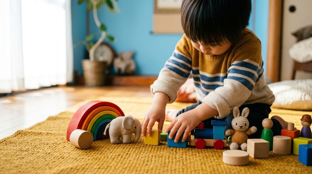 子供がリビングで木のおもちゃを並べる様子