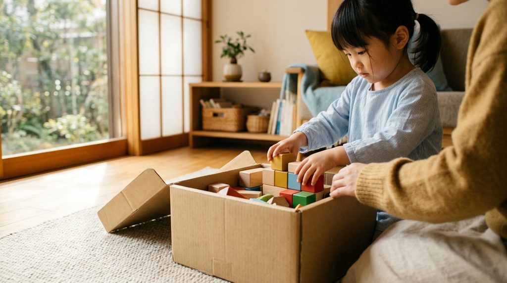 子どもの手が積み木を箱に入れる様子
