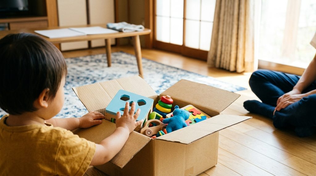 段ボール箱から知育玩具を取り出す子どもの手