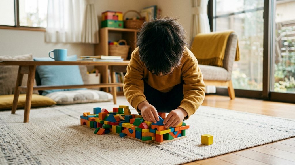 床で積み木遊びをする子どもと、少し離れた場所に転がった小さなブロック