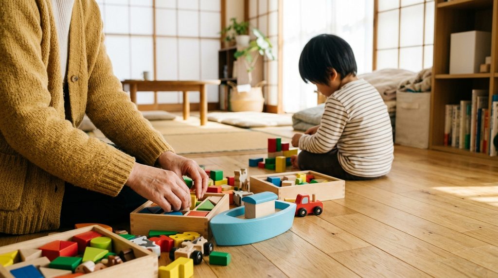 リビングで玩具を検討する親子の手元