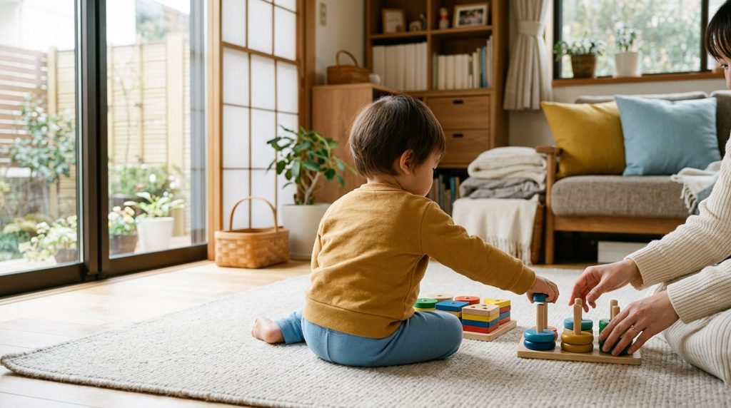 リビングで知育玩具で遊ぶ親子