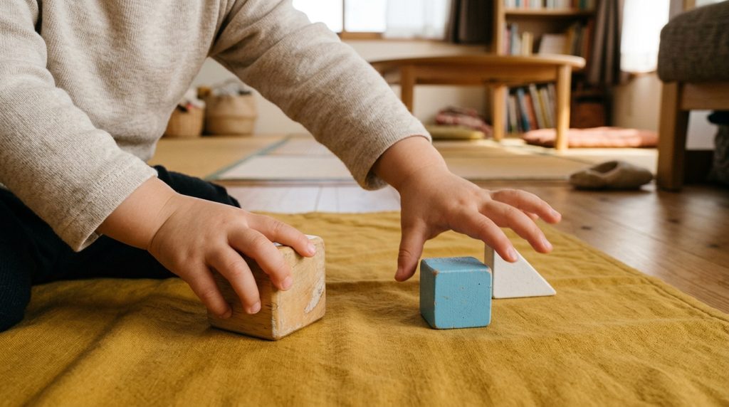 からし色のマットで木のおもちゃで遊ぶ子どもの手