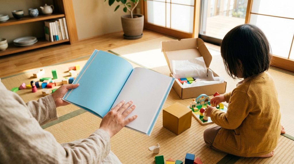 リビングで知育玩具と教材を比較検討する親の手元