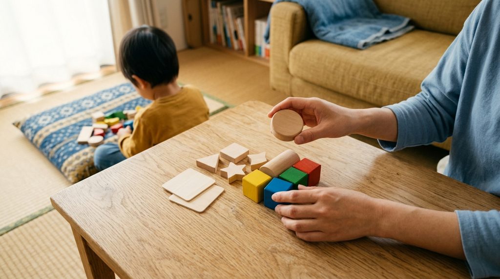 親がテーブルで教材を並べている手元