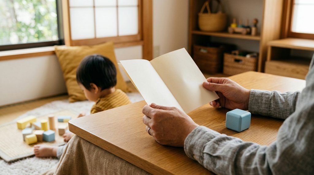 日本の暖かいリビングで、親がパンフレットを真剣に確認する手元