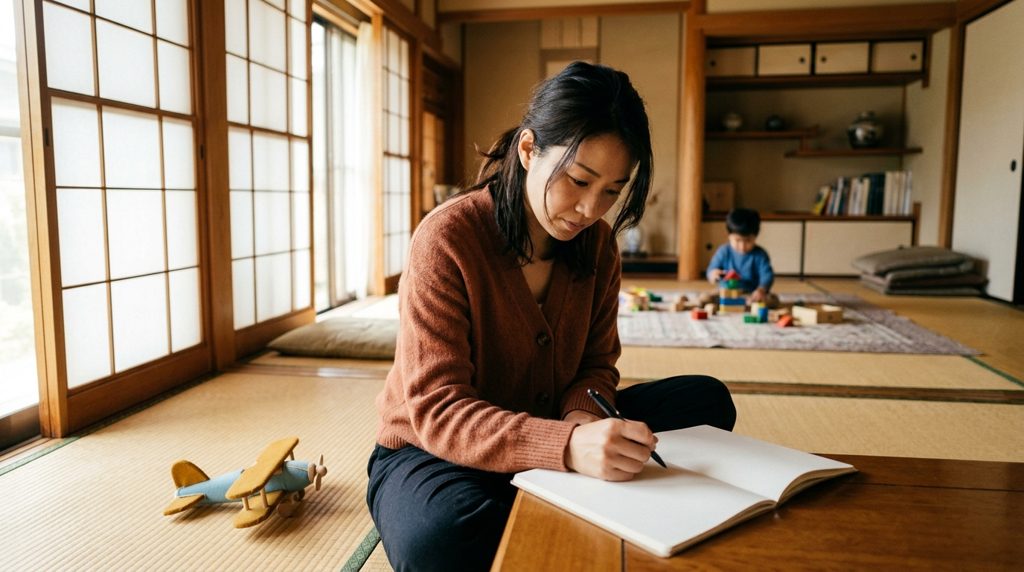 リビングで家計を考える親と子どものおもちゃ