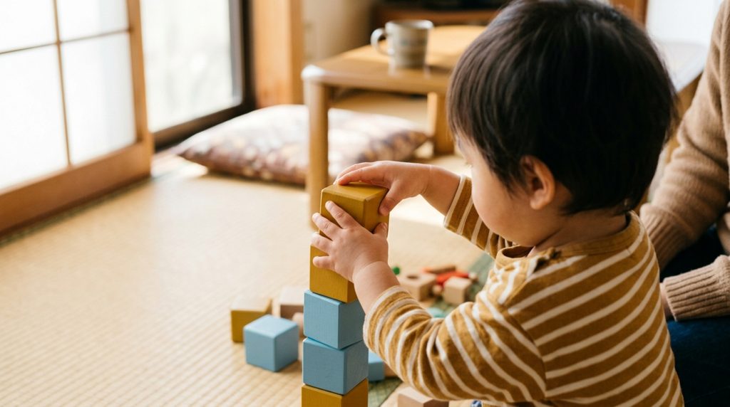 畳の上で積み木遊びをする幼児の手元