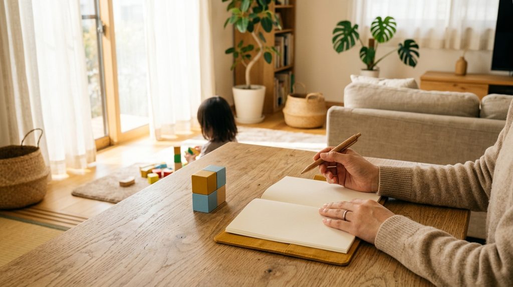 親の手にペンと手帳、子どものおもちゃ。