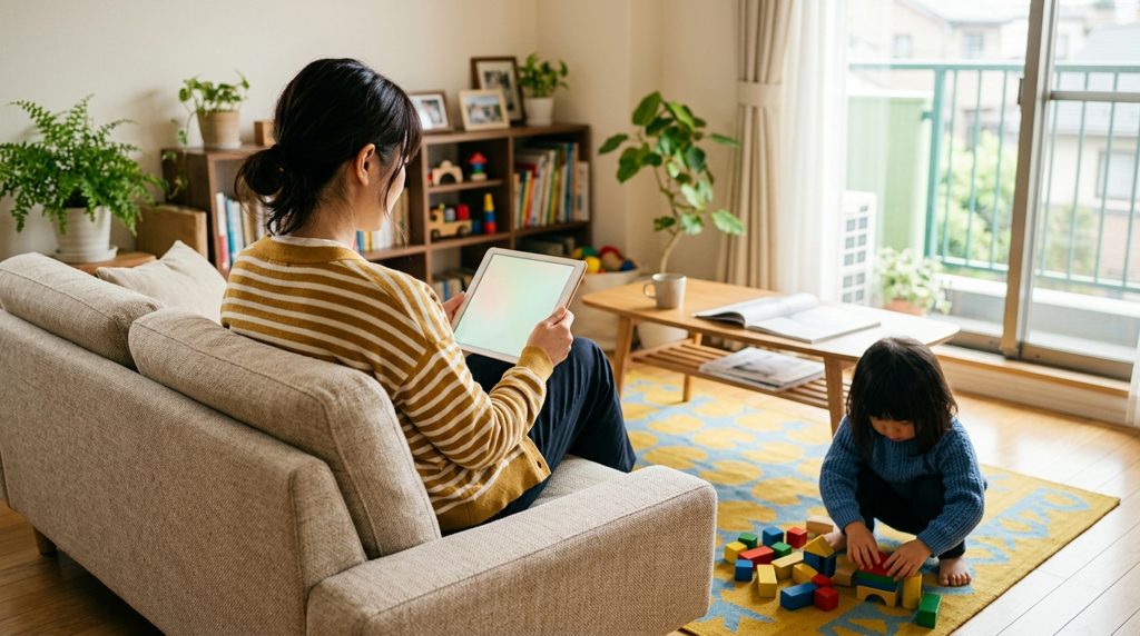 リビングでタブレットを見る親と遊ぶ子どもの手元