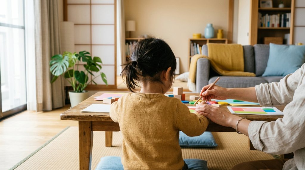 リビングで子どもと学習する親の手元