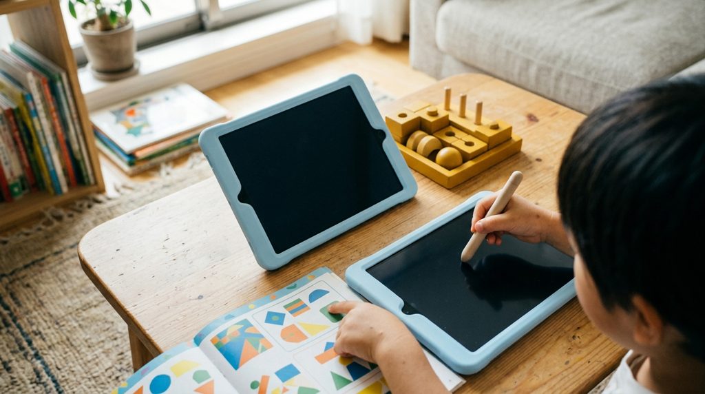 子供がタブレットと紙教材、知育玩具に触れている手元のアップ