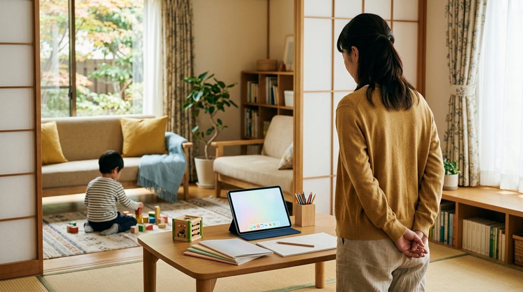 リビングでタブレットと紙教材を見比べる親の後ろ姿