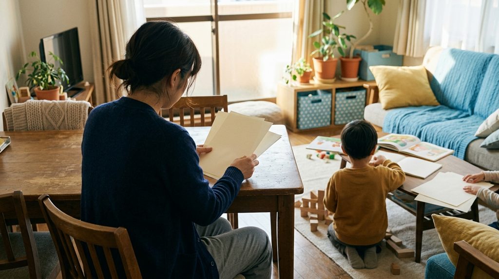 リビングで書類を見つめる親の後ろ姿