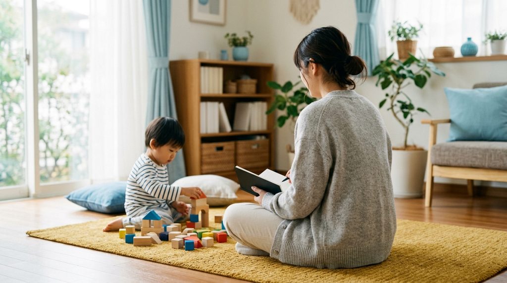 明るいリビングで親がノートを広げ、子どもがブロックで遊ぶ様子。
