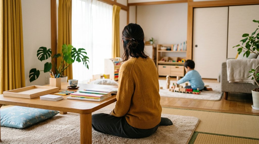 リビングのローテーブルに置かれた教材と、そばに座る親の後ろ姿