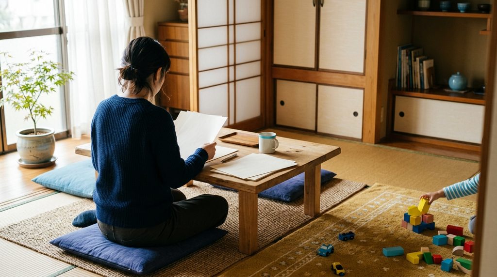 和室のローテーブルで書類を見る親と遊ぶ子