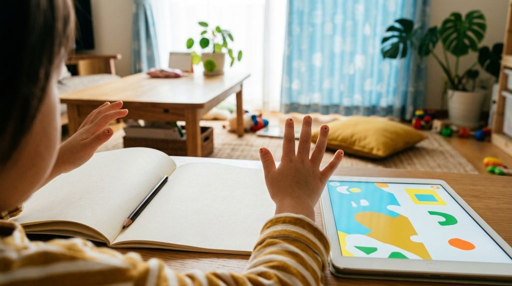 紙の教材とタブレット、そして子どもの手