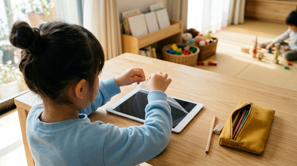 子供の手がタブレットの梱包を解いている様子