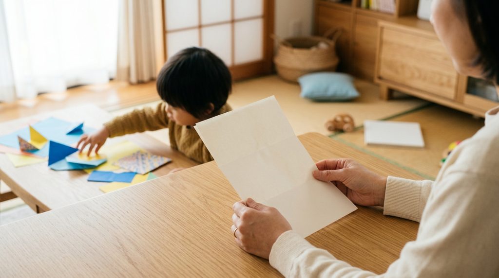 親の手元と、紙教材で遊ぶ子どもの手元