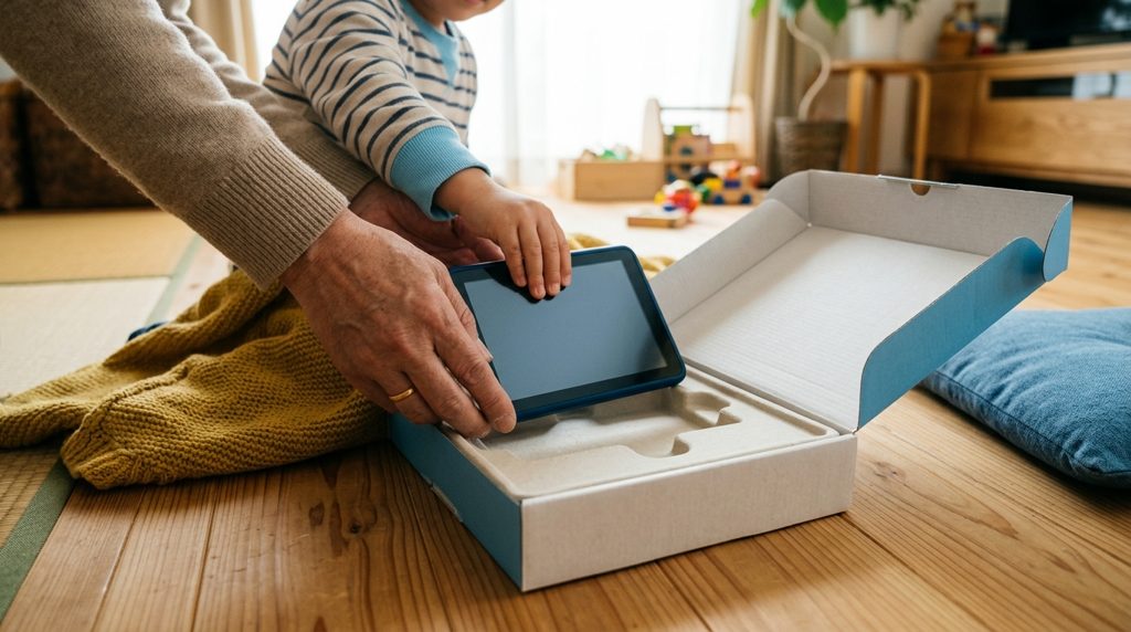 親と子がタブレットを箱に戻す様子