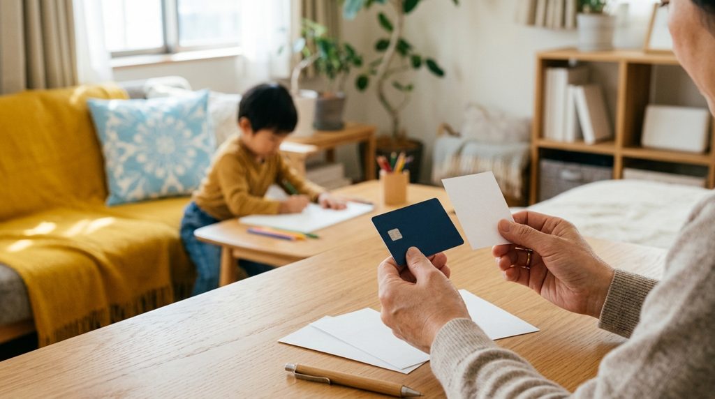 親がクレジットカードと振込用紙を比較している