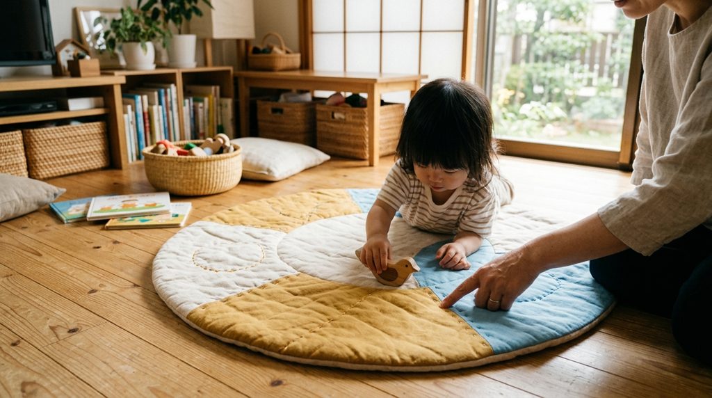 リビングで、親子が知育マットに触れている様子