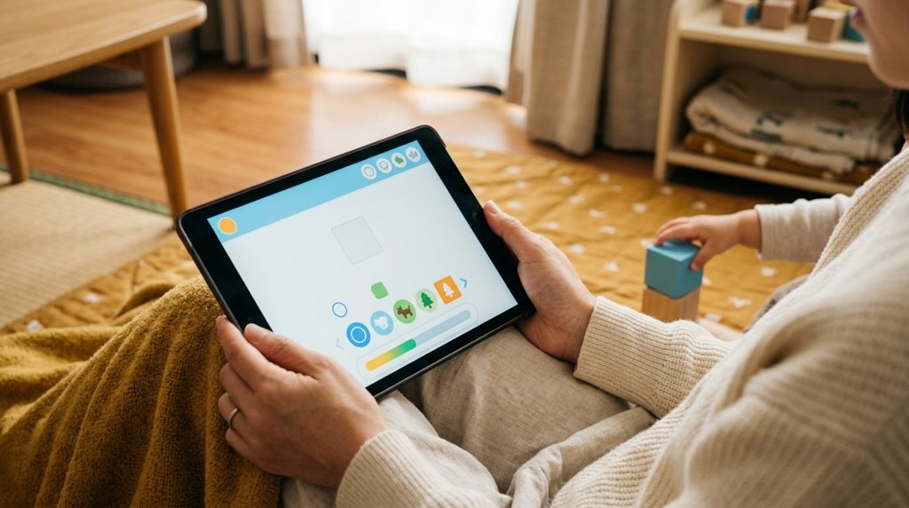 リビングでタブレットを見る親と遊ぶ子どもの手元。